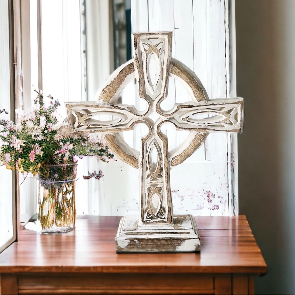LARGE Artisan Hand Carved Mango Wood Washed Cross Statue Or Wall Hanging